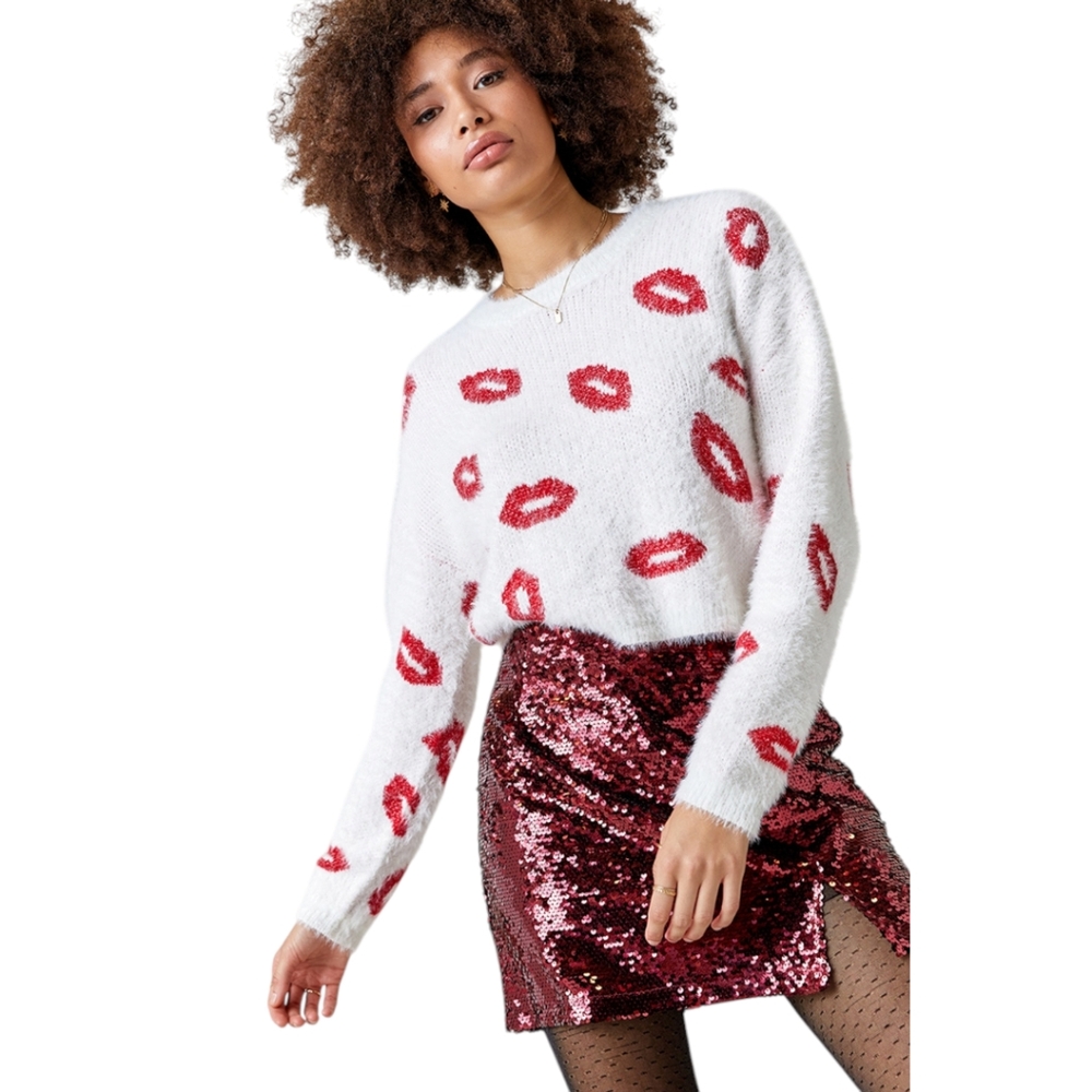 Women's Francesca's Mi Ami Crewneck Crop Lori  Red Lips Fuzzy Sweater